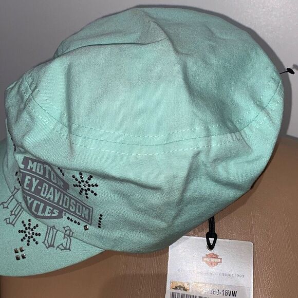 Harley-Davidson Women's Green Bar & Shield Embellished Flat Top Cap One Size NWT - Picture 8 of 8